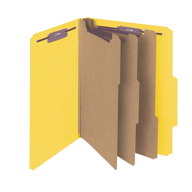 Smead Pressboard Classification File Folder with SafeSHIELDÂ® Fasteners, 3 Dividers, 3" Expansion, Letter Size, Yellow, 10 per Box (14098) (Pack of 1) - Image 1
